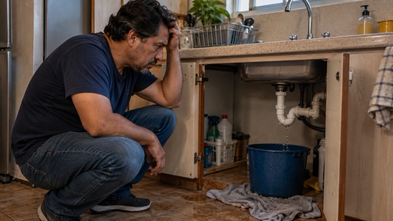 Un hombre mira preocupado la fuga bajo el fregadero de su cocina.