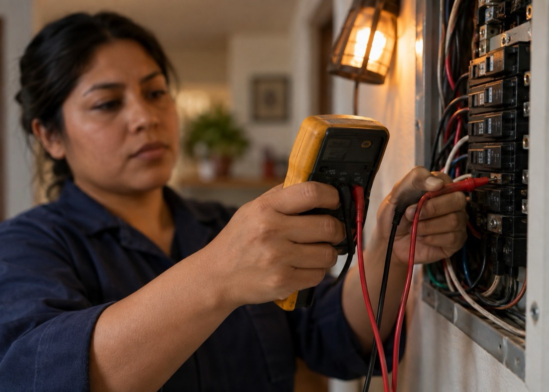 Una electricista revisa el centro de carga de una casa con un multímetro.
